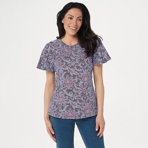 NWOT Denim & Co. Printed Jersey Flutter Sleeve Top